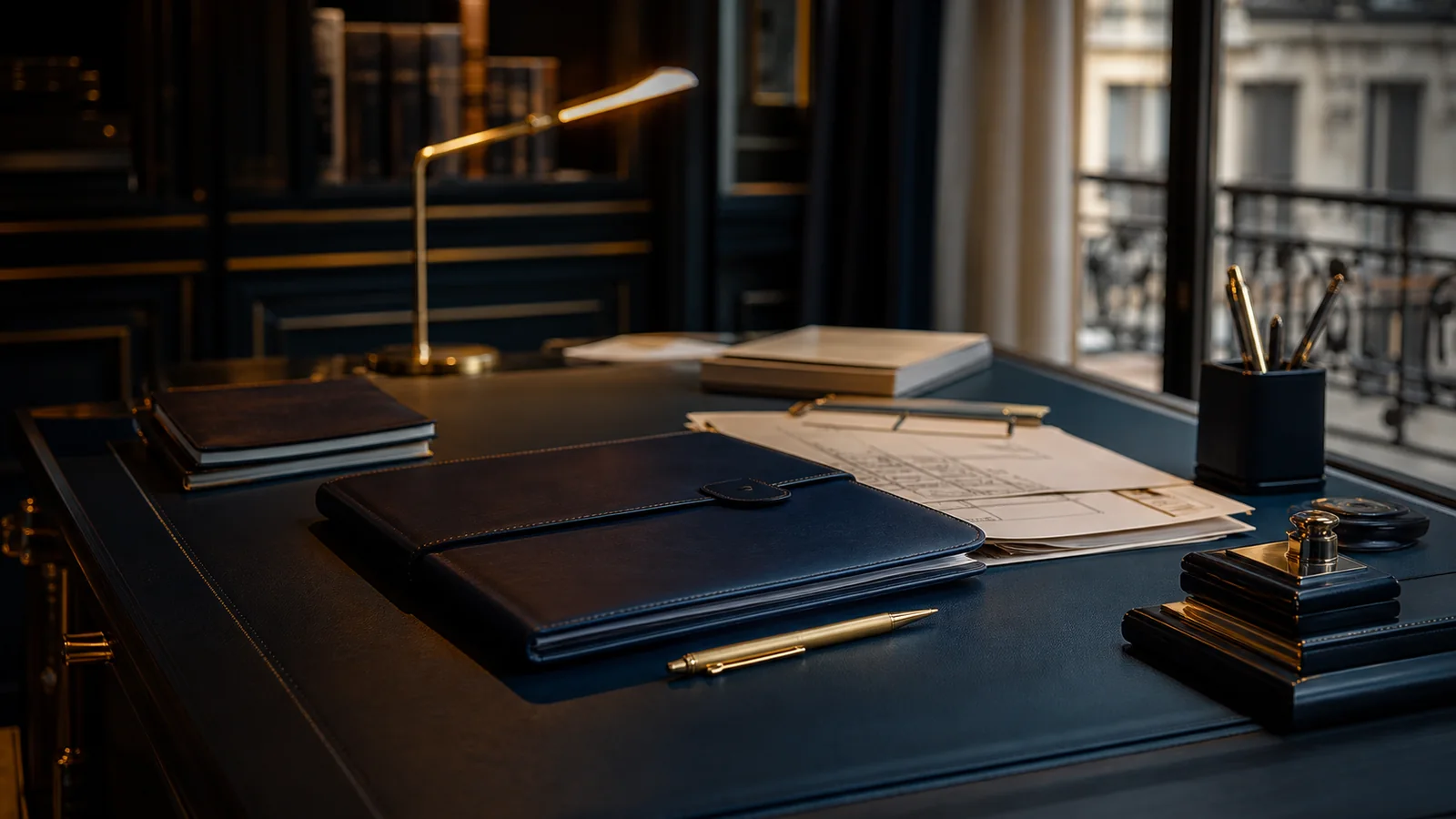 Dossier de structuration patrimoniale ouvert dans un bureau premium aux tonalités bleu nuit et or