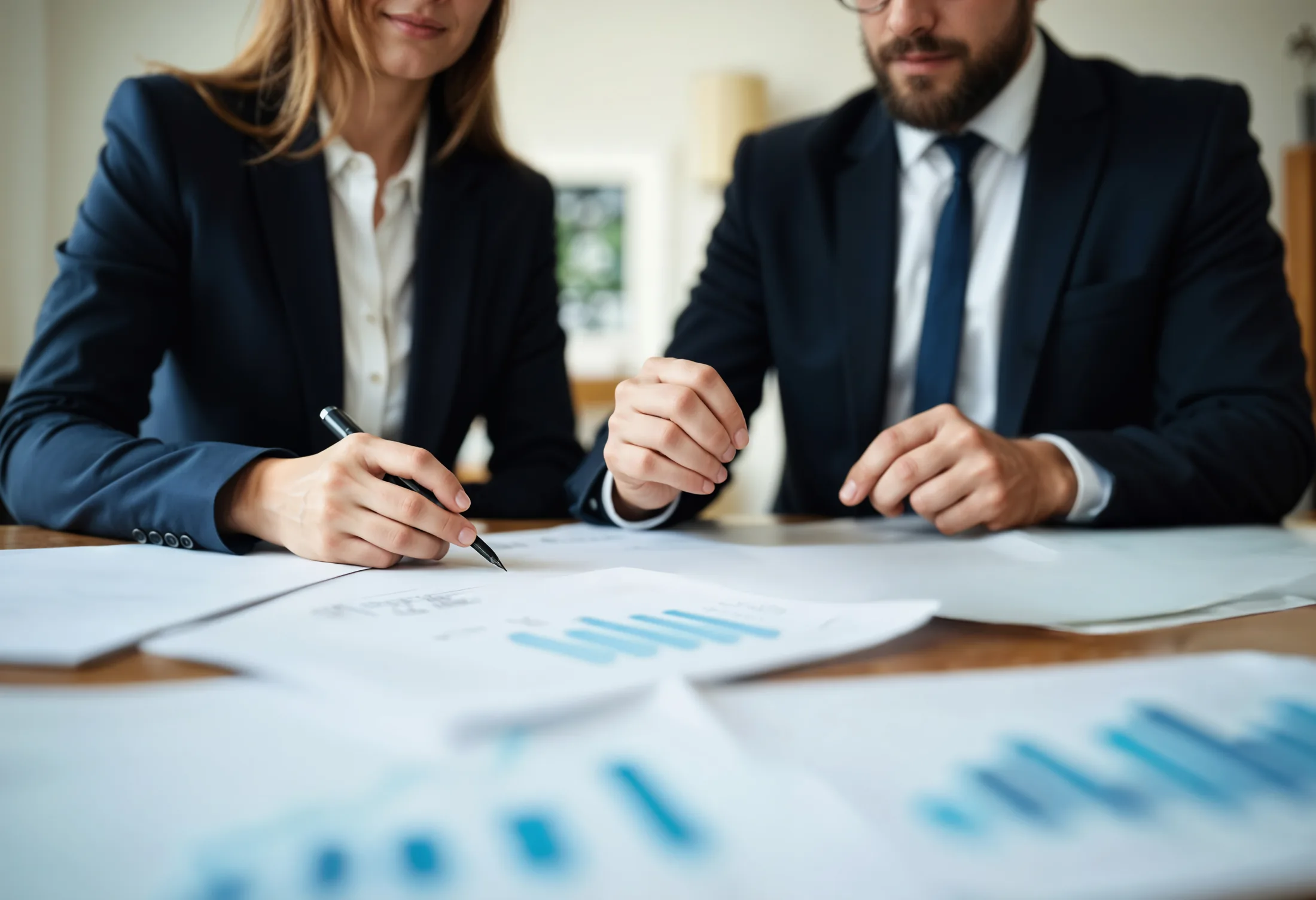 Conseillers Velbrun Capital analysant des graphiques patrimoniaux lors d’un rendez-vous stratégique