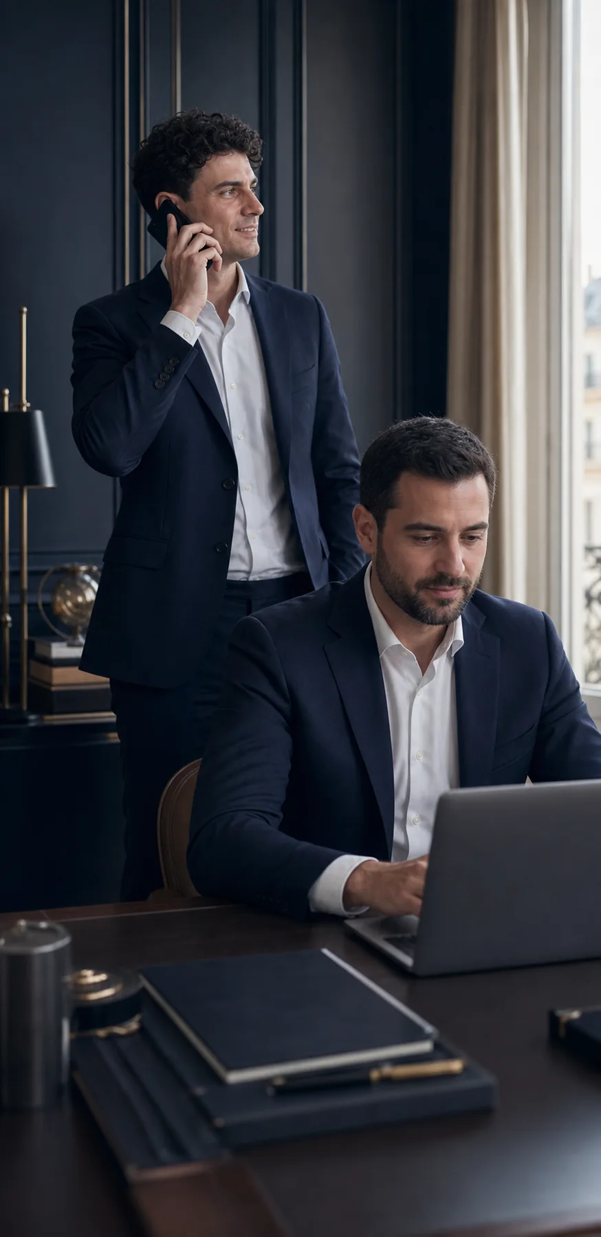 Jean-Victor Debs au téléphone et André Ravachol devant un ordinateur dans leur cabinet