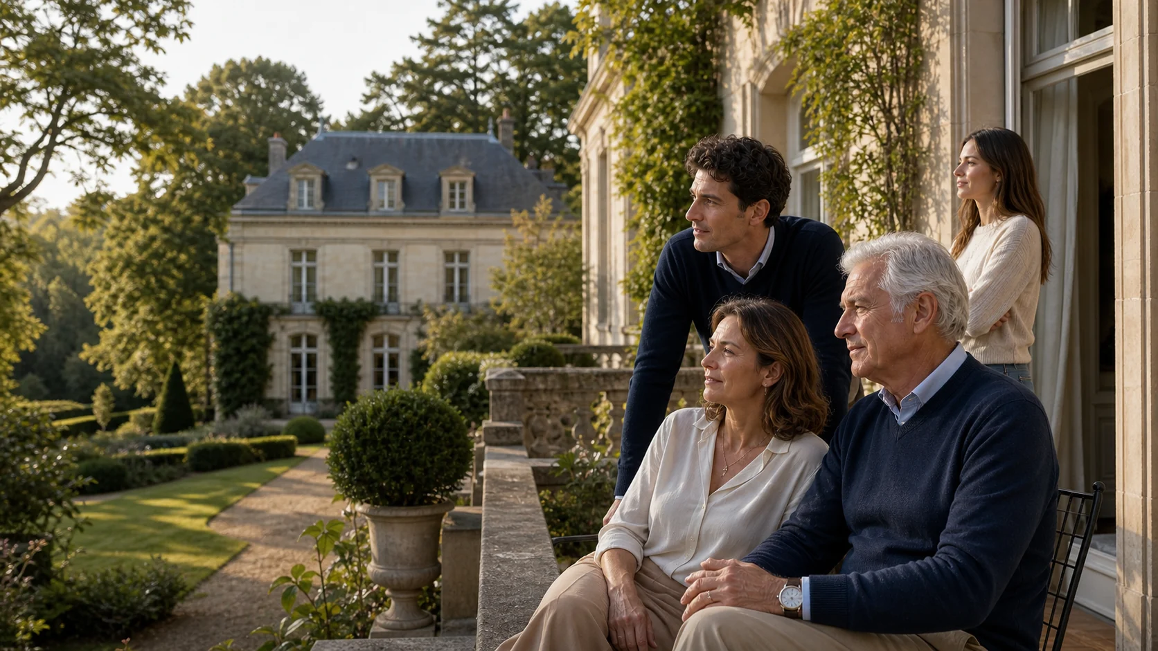 Famille réunie dans une propriété patrimoniale pour préparer une transmission