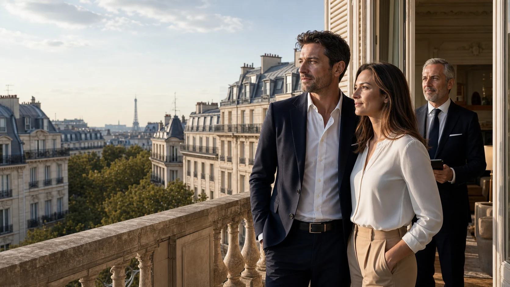 Entrepreneur et famille devant un patrimoine immobilier parisien
