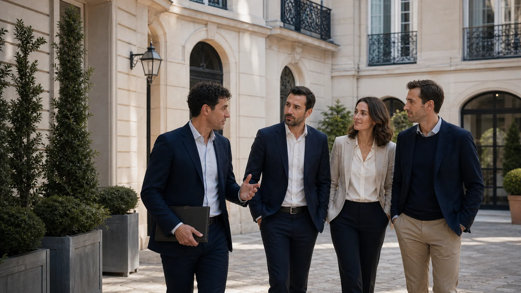 Fondateurs et entrepreneurs dans une cour patrimoniale parisienne
