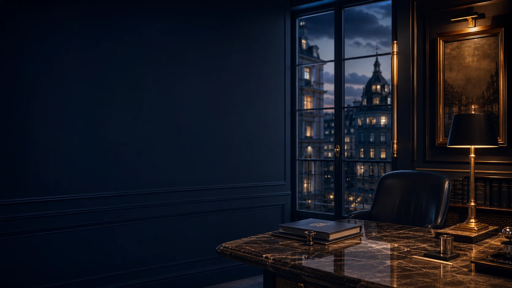 Bureau patrimonial premium avec lumières bleu navy et accents dorés
